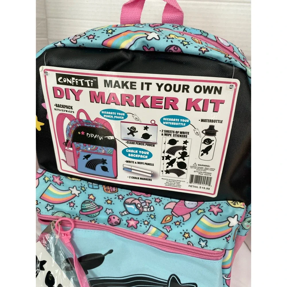 Confetti DIY Marker Kit Backpack Kids Blue Pink Space Theme New Water Bottle